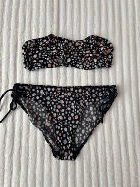 Black Floral Bandeau Bikini Set with Pink & White Accents